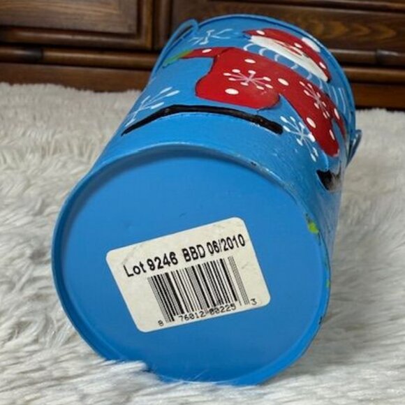 Vintage Blue Metal Snowman and Snowflakes Tall Handled Painted Pail - Picture 8 of 9